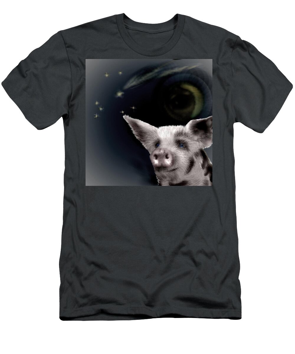 Pig Stars Shooting Stars Blue Eyed T-Shirt featuring the mixed media Wishing Piggy by Pamela Calhoun