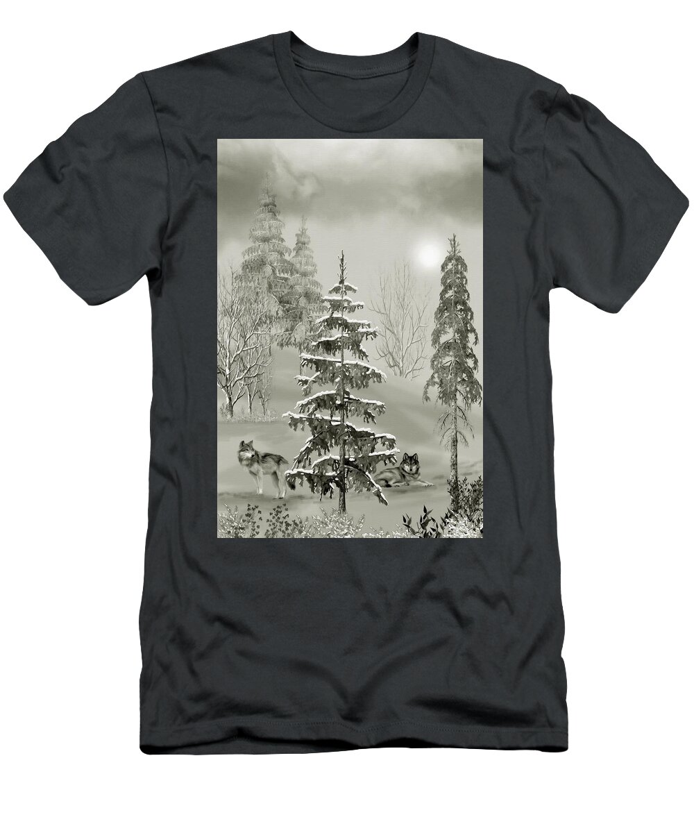 Wolf T-Shirt featuring the mixed media Wolves In The Winter Forest by David Dehner