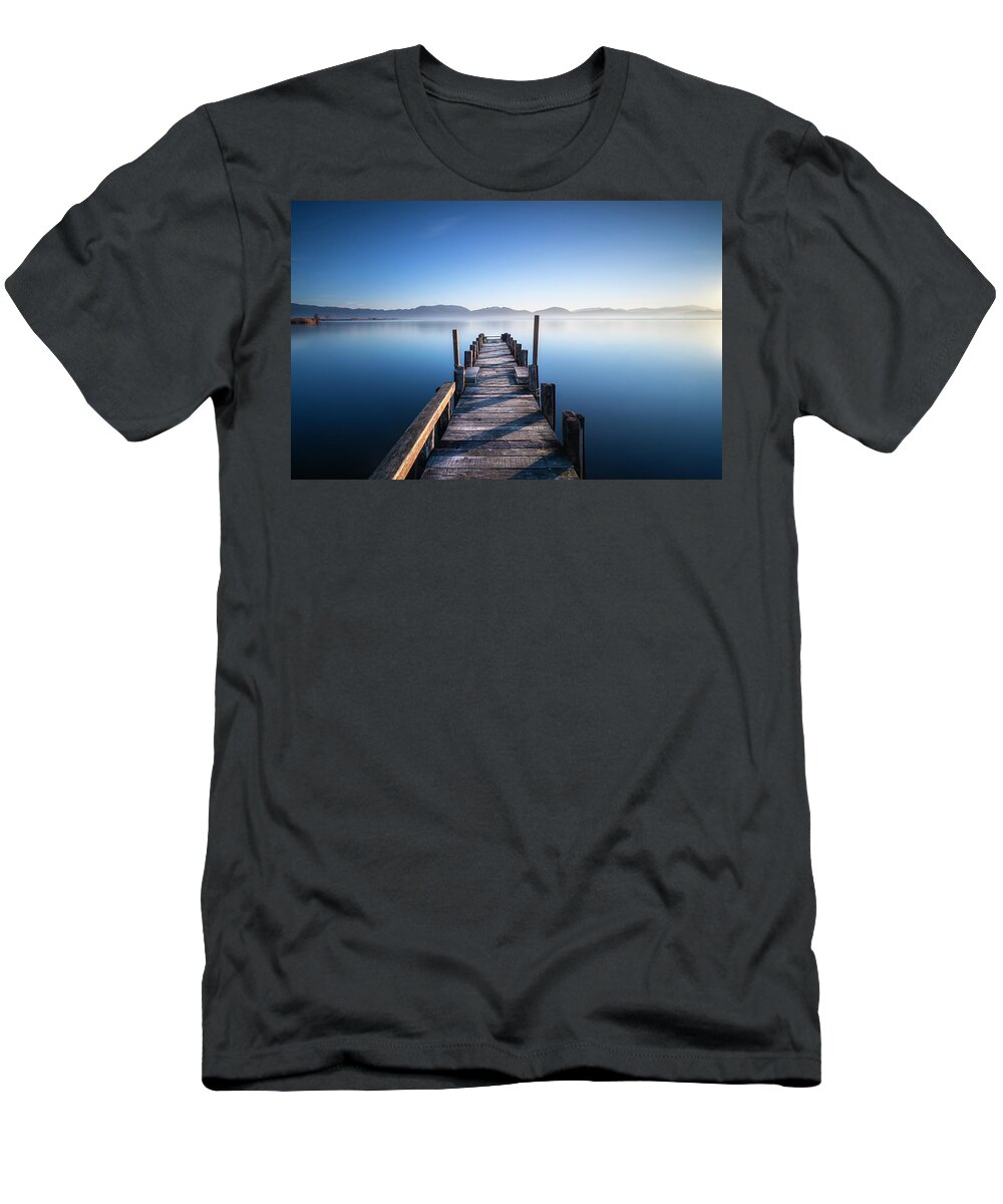 Lake T-Shirt featuring the photograph Pier in a Blue Lake by Stefano Orazzini
