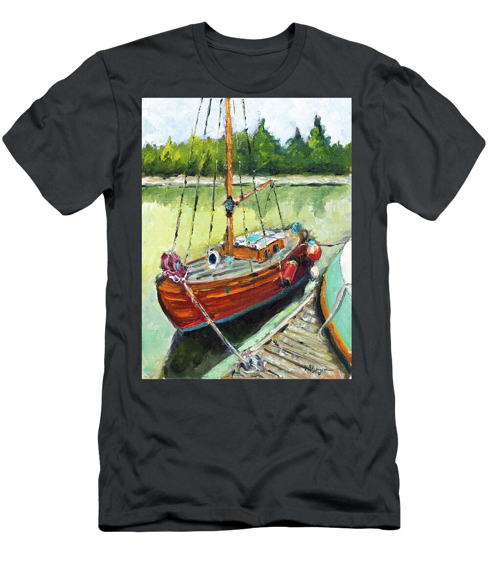 Sailboat T-Shirt featuring the painting Wooden Sailboat at Toledo 2 by Mike Bergen