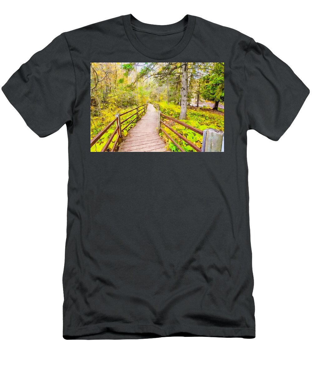 Travel Destination T-Shirt featuring the mixed media Wooden Trail at Gooseberry Falls Watercolor by Susan Rydberg
