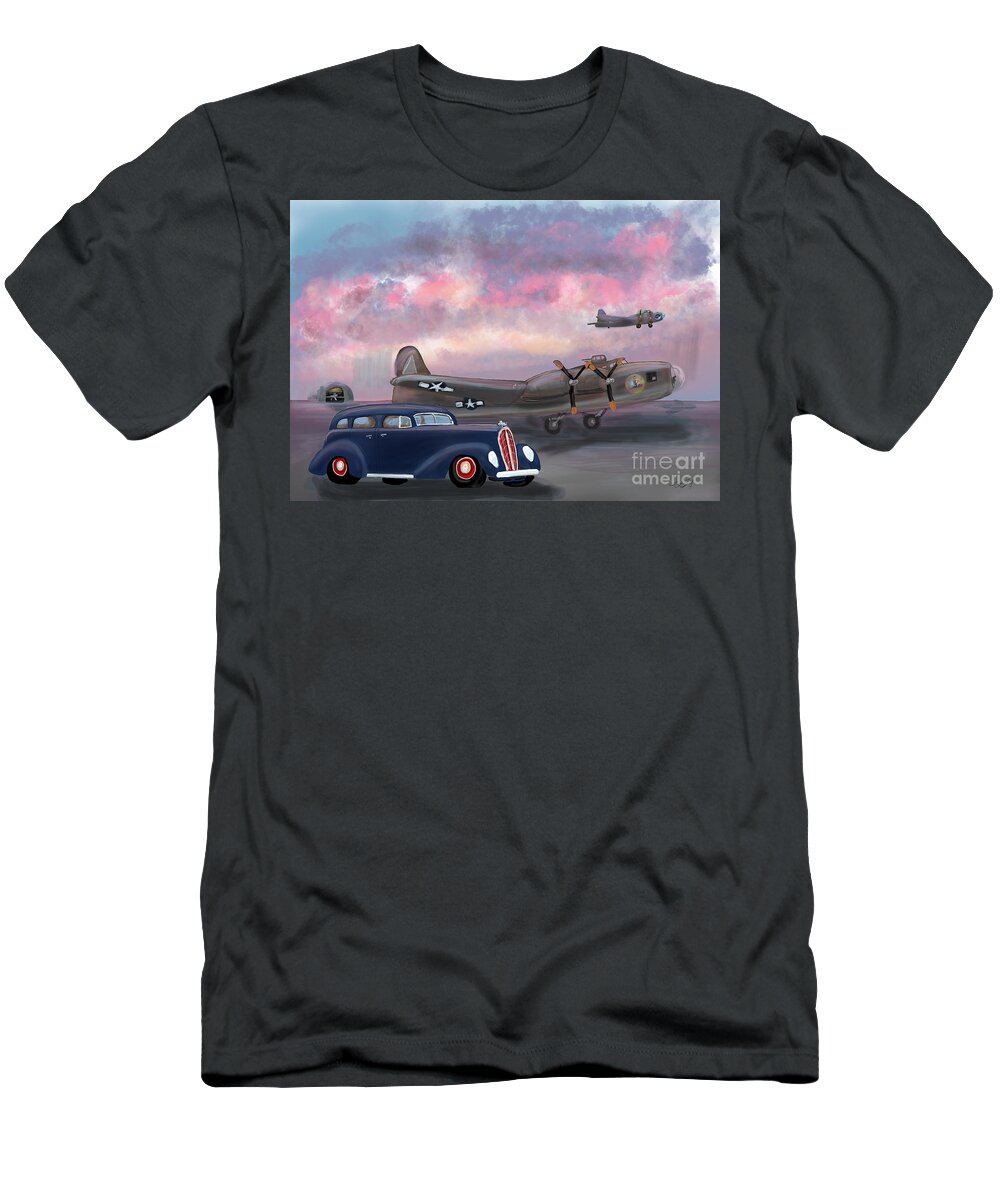 Wwii T-Shirt featuring the digital art WWII Airfield at Sunset by Doug Gist