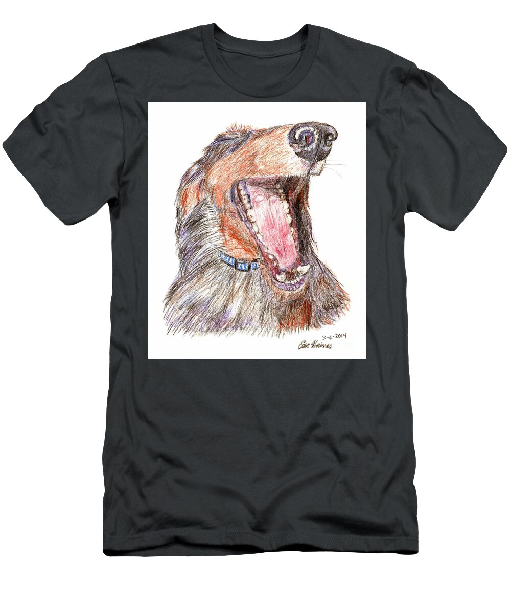 Yawning T-Shirt featuring the drawing Yawning Wiener Dog by Eric Haines