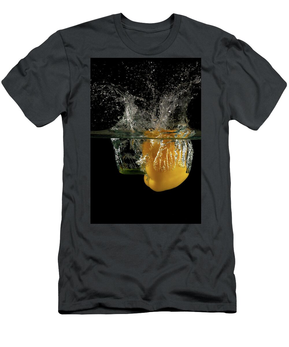 Pepper T-Shirt featuring the photograph Yellow bell pepper dropped and slashing on water by Michalakis Ppalis