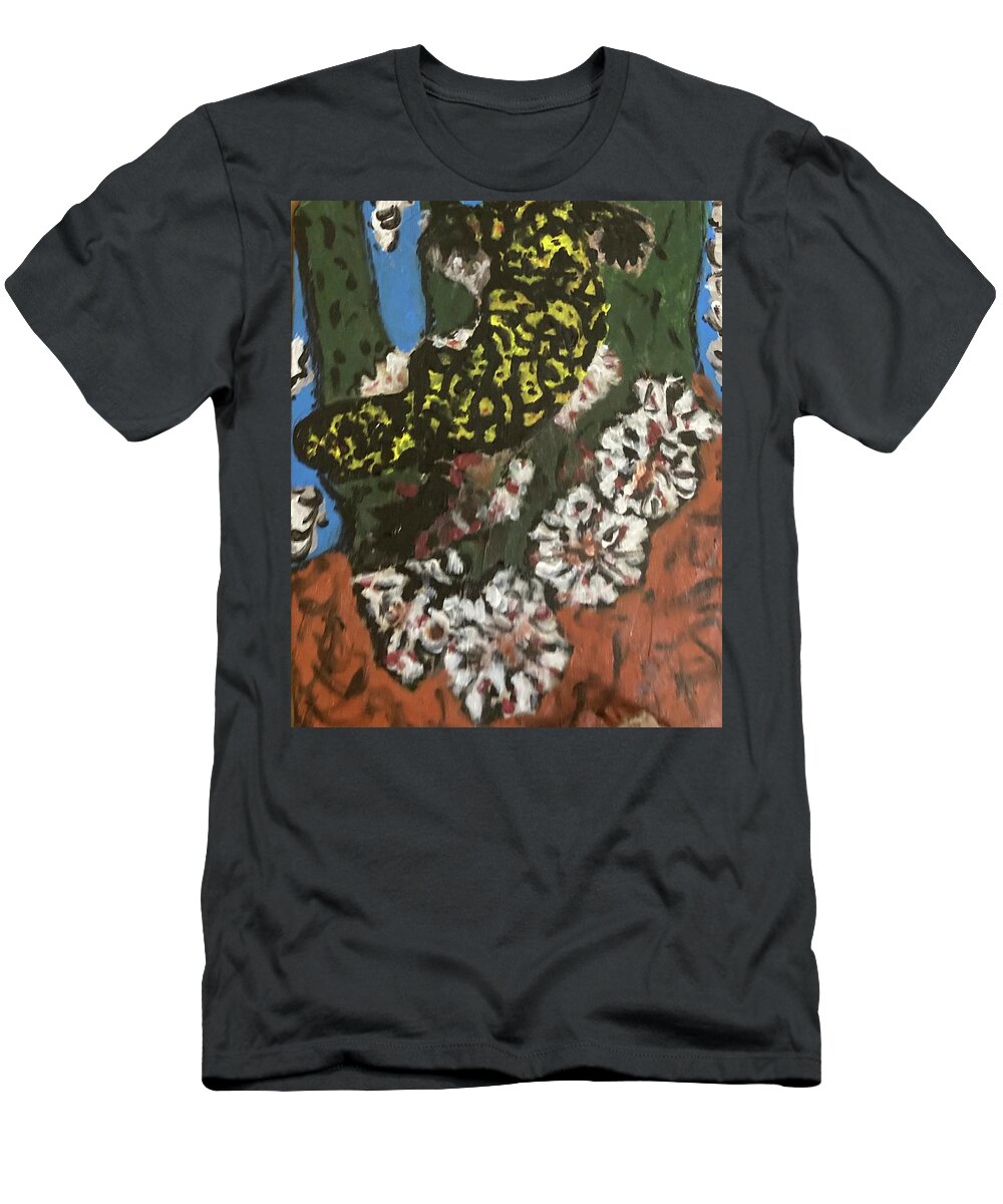 Paintings Of Lizards T-Shirt featuring the mixed media Yellow lizard Cactus Flowers by Bencasso Barnesquiat