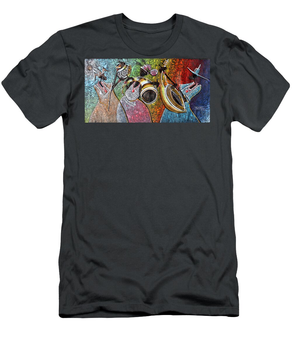 Africa T-Shirt featuring the painting Yoruba, Hausa, Ibo Musicians - 2 by Paul Gbolade Omidiran