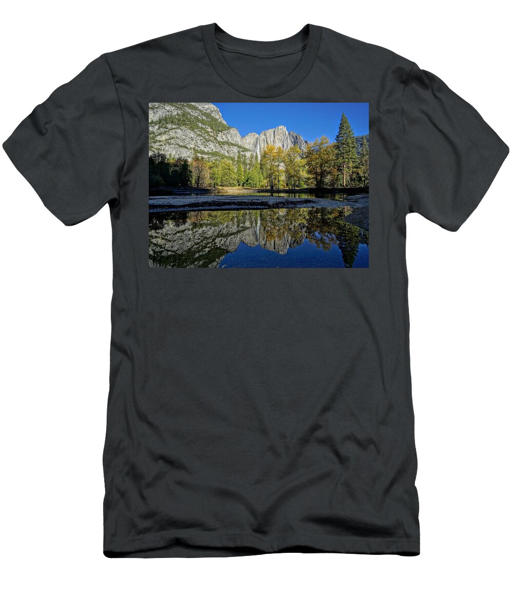 Yosemite National Park T-Shirt featuring the photograph Yosemite Falls Reflection by Brett Harvey