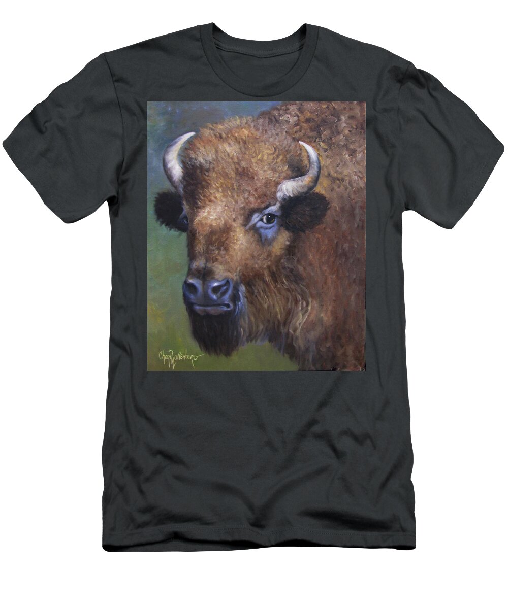 Bison T-Shirt featuring the painting Young Bison From Stratford Oklahoma an Original Artwork by Cheri Wollenberg by Cheri Wollenberg