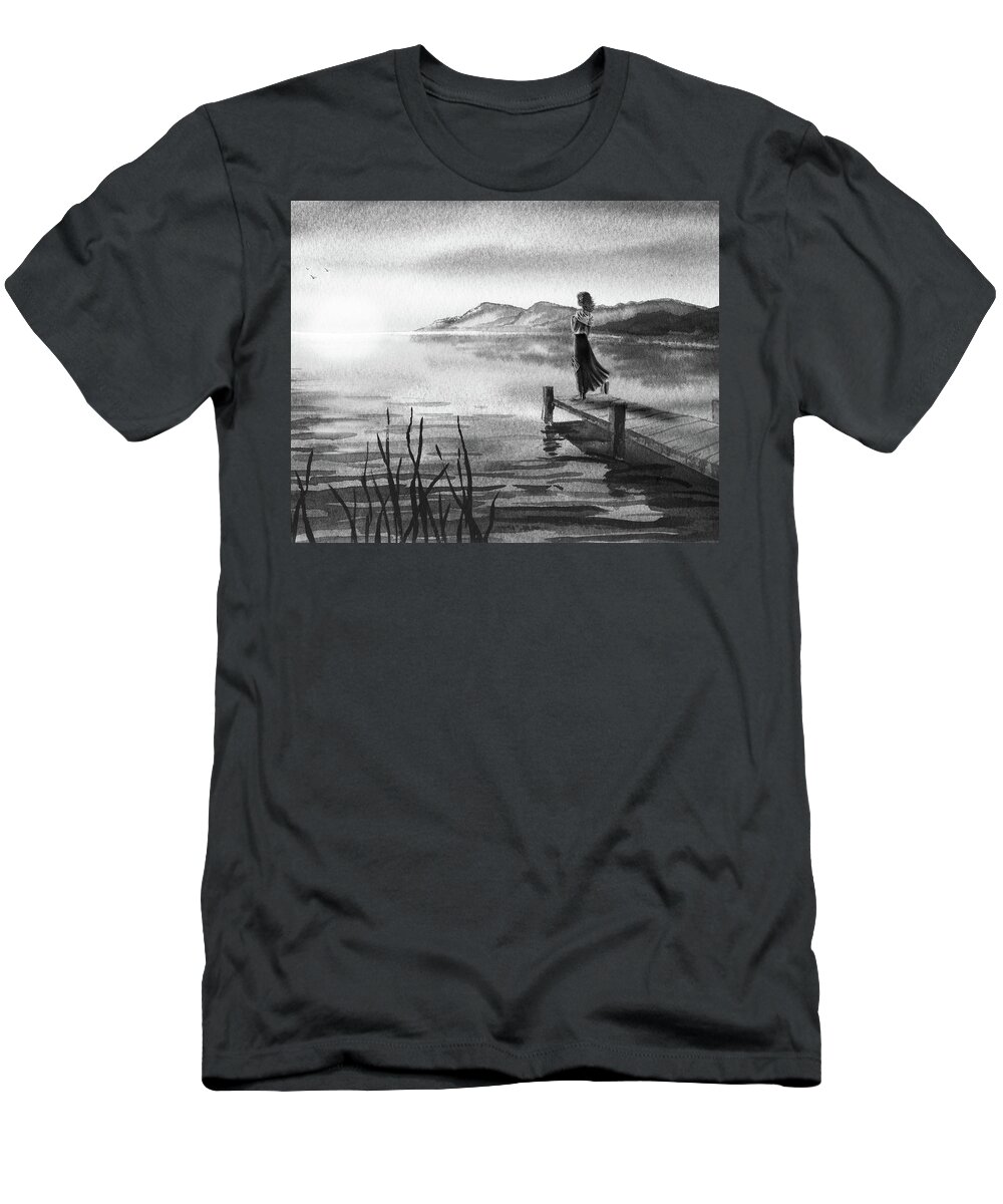 Gray T-Shirt featuring the painting Young Woman At The Pier Watching Lake Sunset Watercolor In Gray by Irina Sztukowski