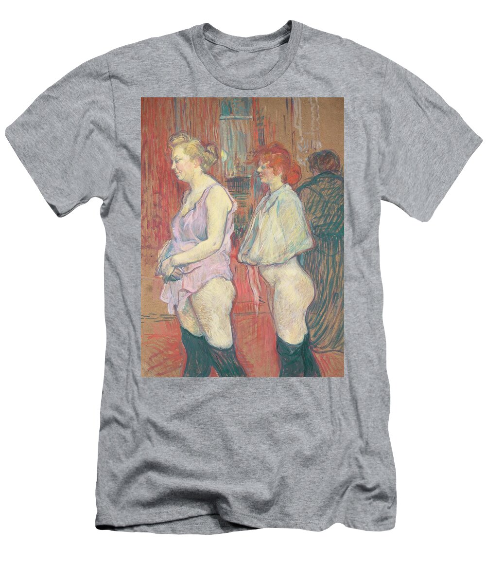 Female; Prostitute; Stocking; Nude; Half; Dressed; Provocative; Seductive; Side; View; Profile; Half; Length; Prostitution; Post-impressionist; Brothel T-Shirt featuring the painting Rue des Moulins by Henri de Toulouse-Lautrec