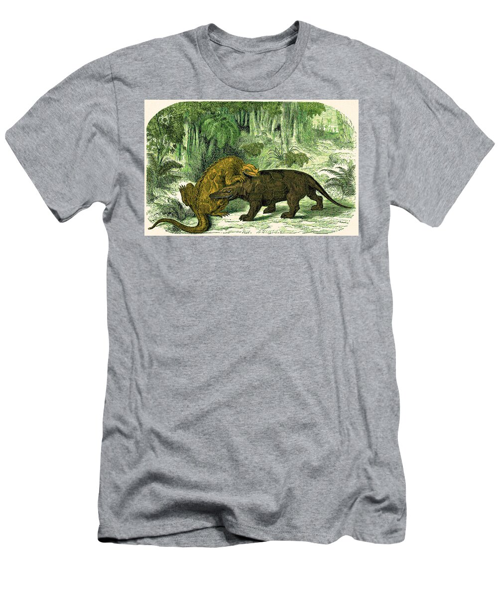 Historic T-Shirt featuring the photograph Iguanodon Biting Megalosaurus #1 by Wellcome Images