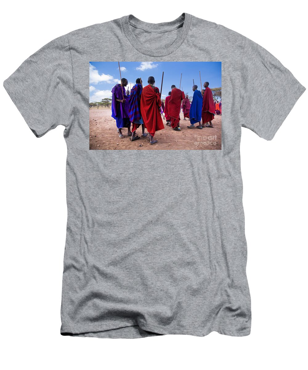 Village T-Shirt featuring the photograph Maasai men in their ritual dance in their village in Tanzania #1 by Michal Bednarek