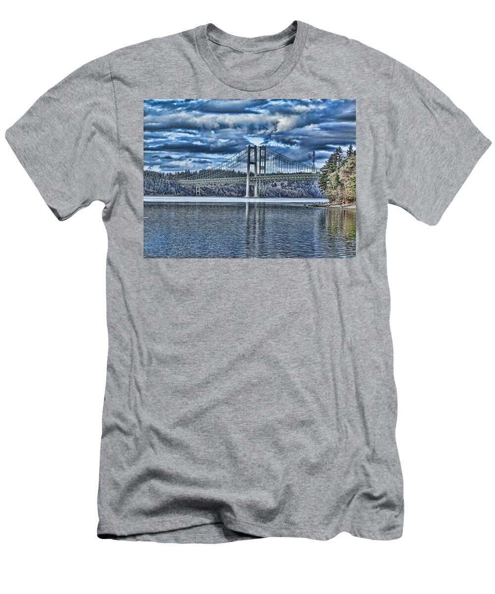 Tacoma T-Shirt featuring the photograph Tacoma Narrows Bridge by Ron Roberts