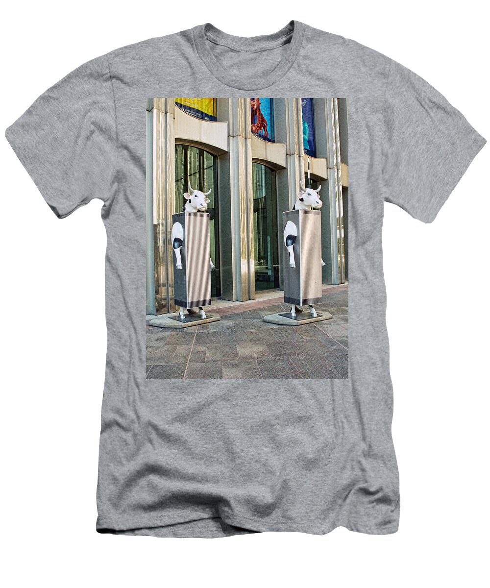 Twin Towers T-Shirt featuring the photograph Cow Parade N Y C 2000 - Twin Cowers by Allen Beatty