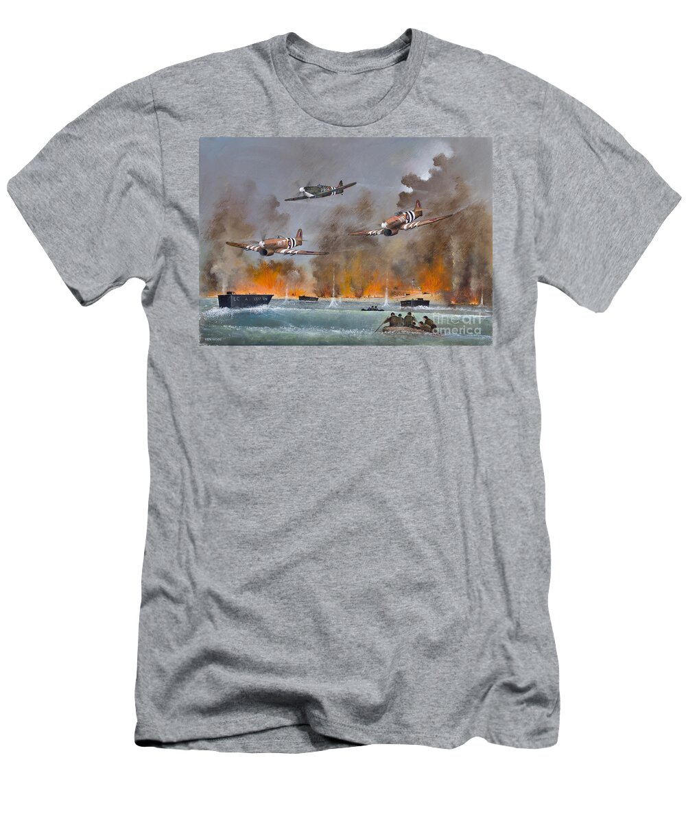 Spitfire T-Shirt featuring the painting Utah Beach- June 6th 1944 by Ken Wood