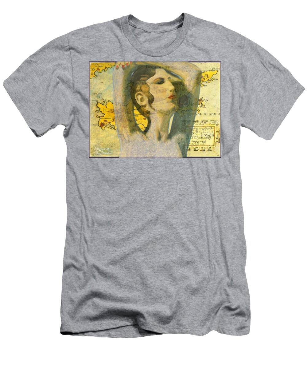 Augusta Stylianou T-Shirt featuring the painting Ancient Cyprus Map and Aphrodite #14 by Augusta Stylianou