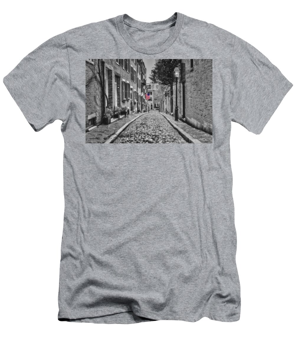 Acorn Street T-Shirt featuring the photograph Acorn Street Boston BW #2 by Susan Candelario