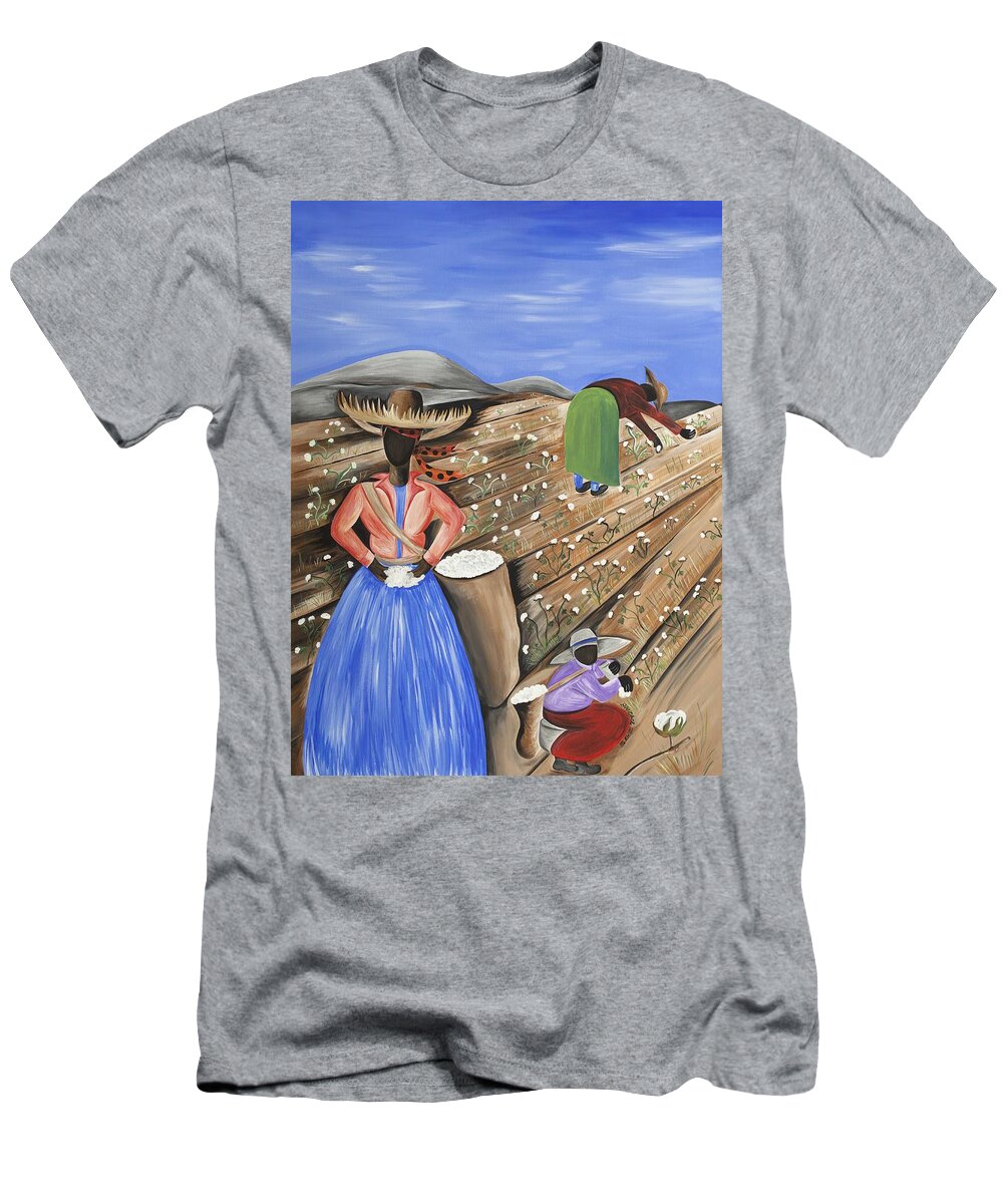Gullah Art T-Shirt featuring the painting Cotton Pickin' Cotton by Patricia Sabreee