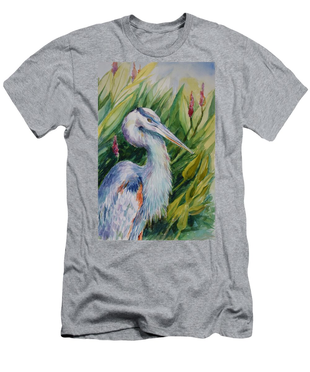 Great Blue Heron T-Shirt featuring the painting Great Blue Heron #1 by Jyotika Shroff