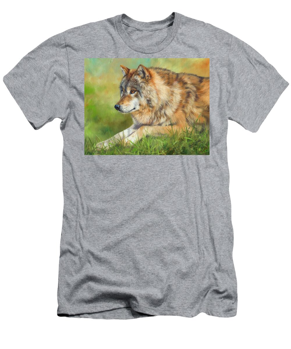 Wolf T-Shirt featuring the painting Grey Wolf #1 by David Stribbling