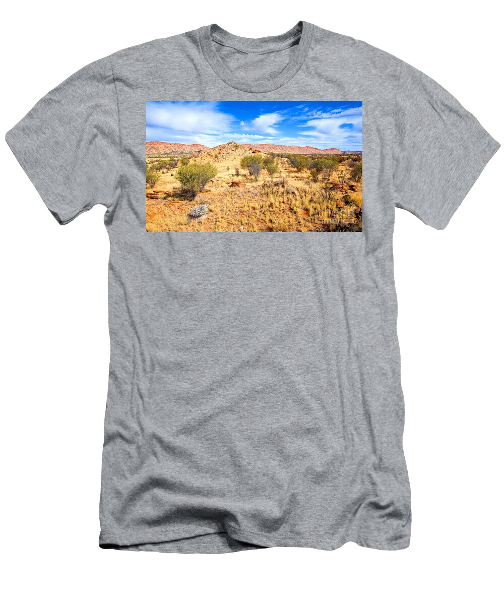 Central Australia Landscape Outback Water Hole West Mcdonnell Ranges Northern Territory Australian Landscapes Ghost Gum Trees Larapinta Drive T-Shirt featuring the photograph West McDonnell Ranges Larapinta Drive by Bill Robinson