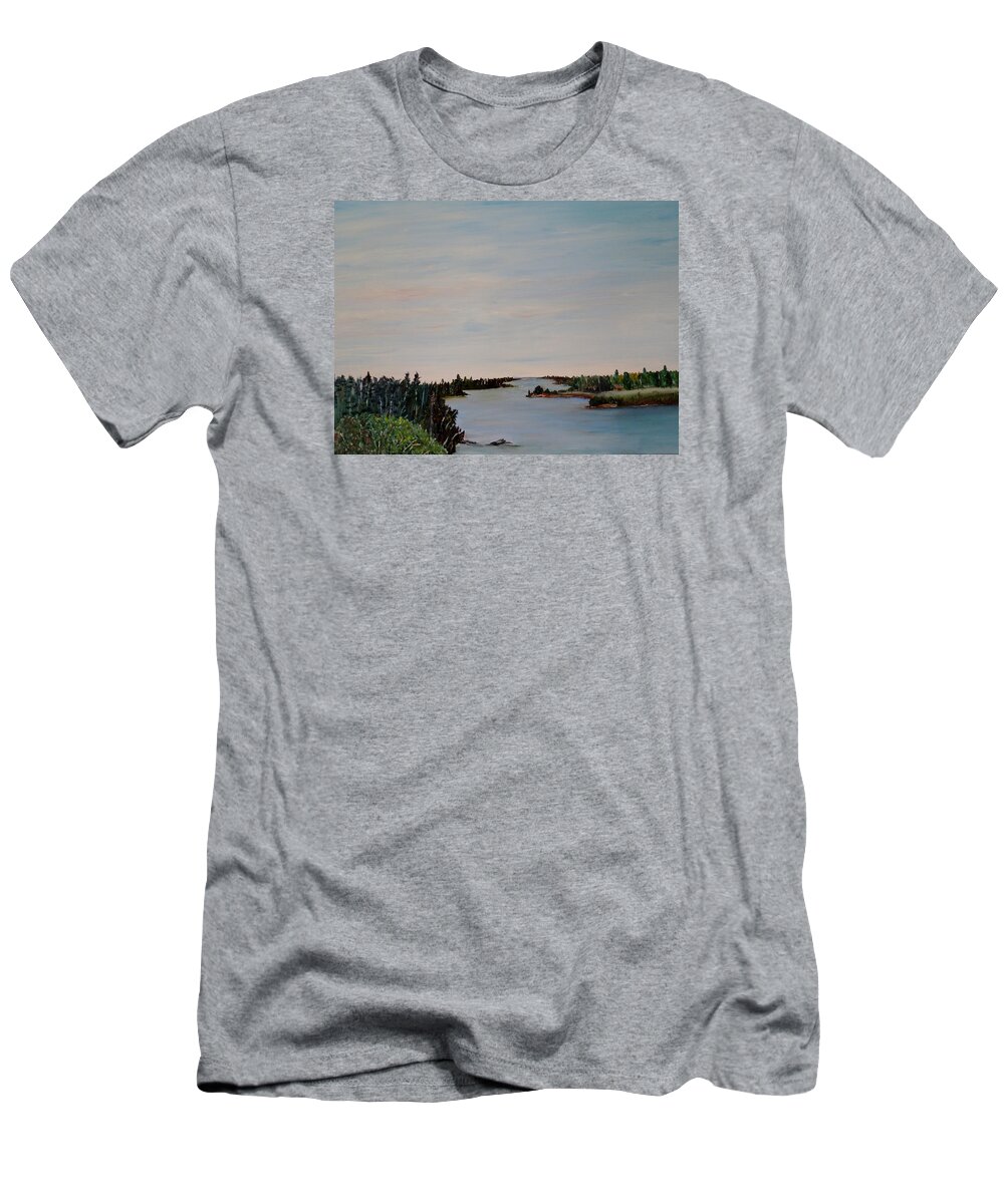 Manigotagan River T-Shirt featuring the painting A river shoreline by Marilyn McNish