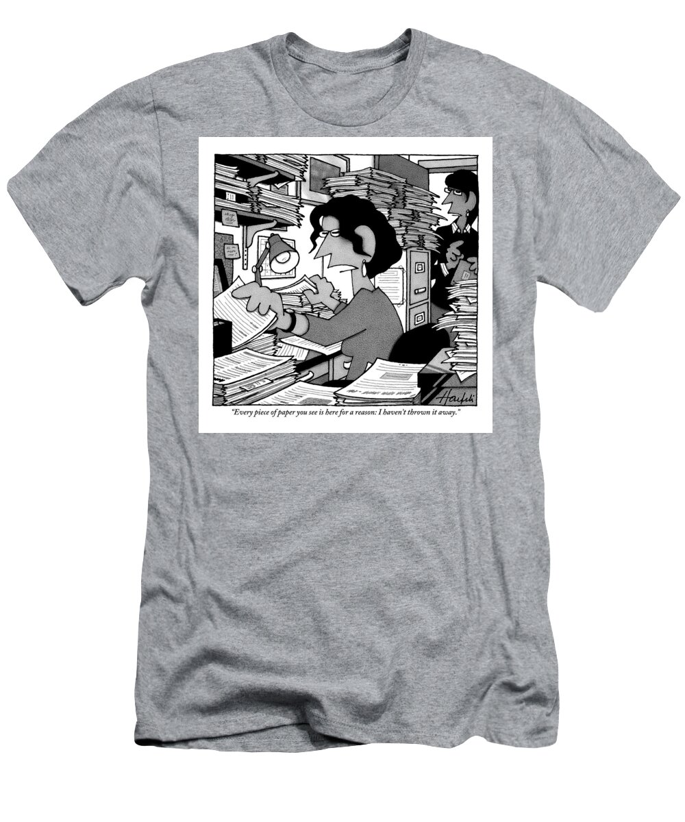Paper T-Shirt featuring the drawing A Woman Sitting At A Disorganized Desk Covered by William Haefeli