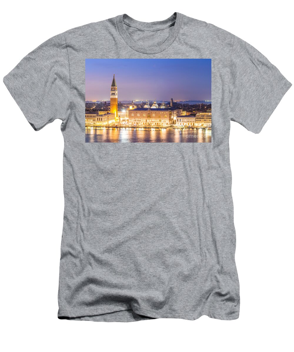 Venice T-Shirt featuring the photograph Aerial view of Venice illuminated at night - Italy by Matteo Colombo