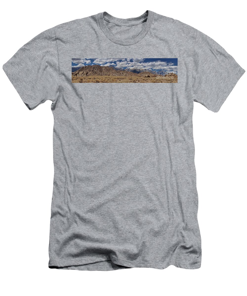 Panorama T-Shirt featuring the photograph Alabama Hills and Eastern Sierra Nevada Mountains by Peggy Hughes