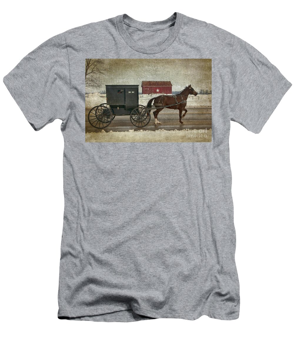 Amish T-Shirt featuring the photograph Amish Horse and Buggy and The Star Barn by David Arment