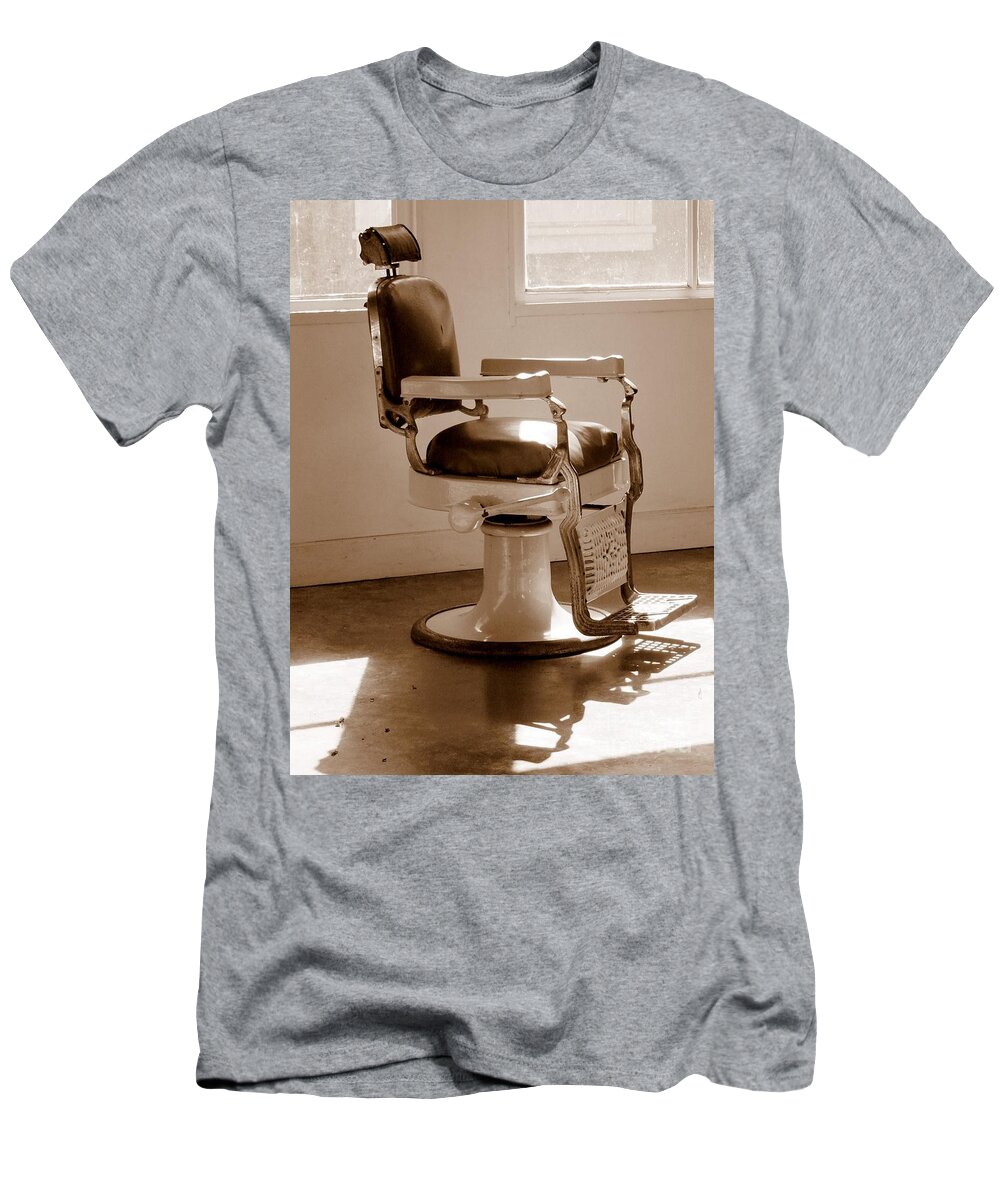 Sepia T-Shirt featuring the photograph Antiquated Barber Chair in Sepia by Mary Deal