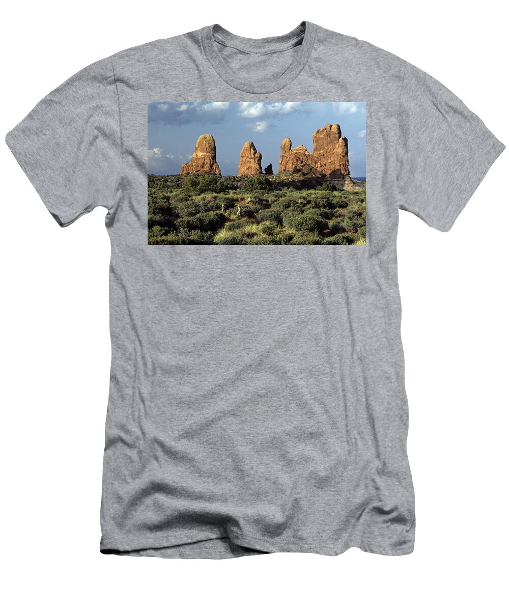 Landscape T-Shirt featuring the photograph Arches National Park sunrise rock formations by Jim Corwin