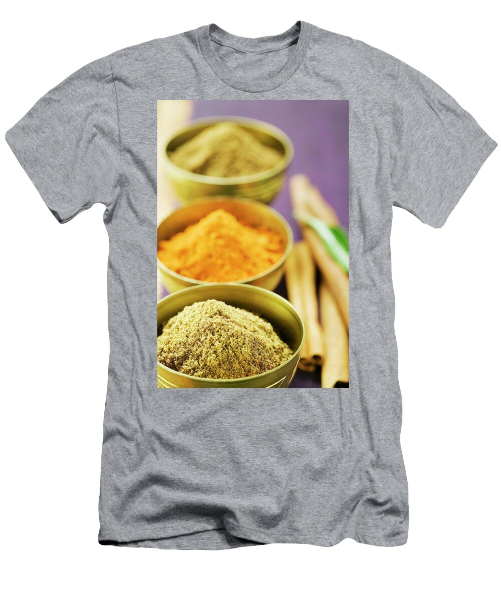 Assorted T-Shirt featuring the photograph Assorted Spices In Small Bowls by Foodcollection