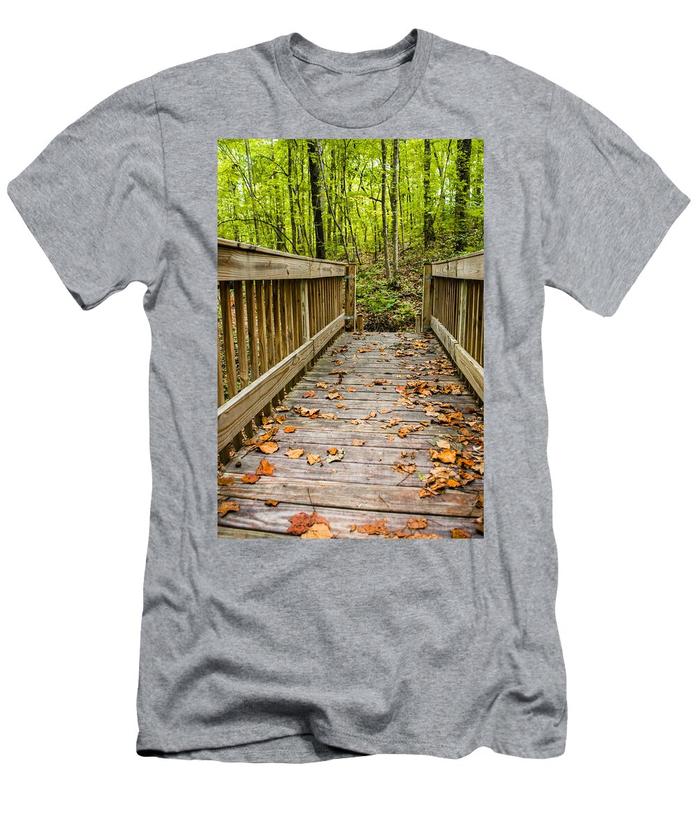 Autumn On The Bridge T-Shirt featuring the photograph Autumn on the Bridge by Parker Cunningham