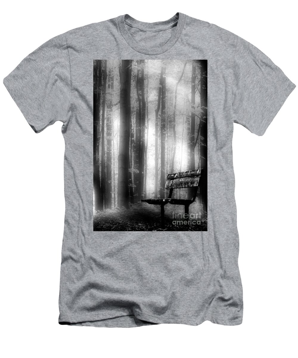 Leaves T-Shirt featuring the photograph Bench in Michigan Woods by Michael Arend