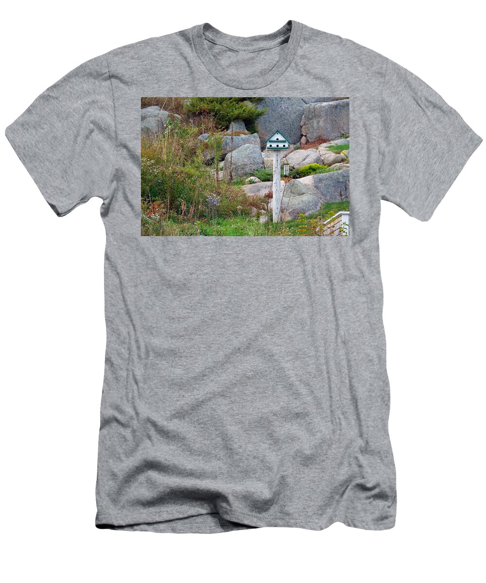 Birdhouse T-Shirt featuring the photograph Bird House and Chimes by Stuart Litoff