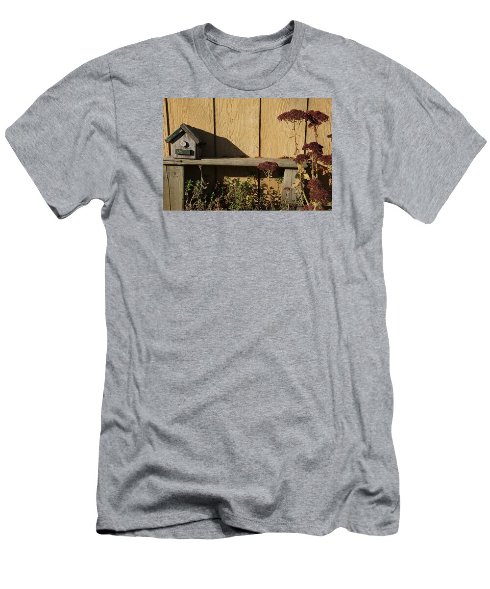 Bird House T-Shirt featuring the photograph Bird House on Bench by Valerie Collins