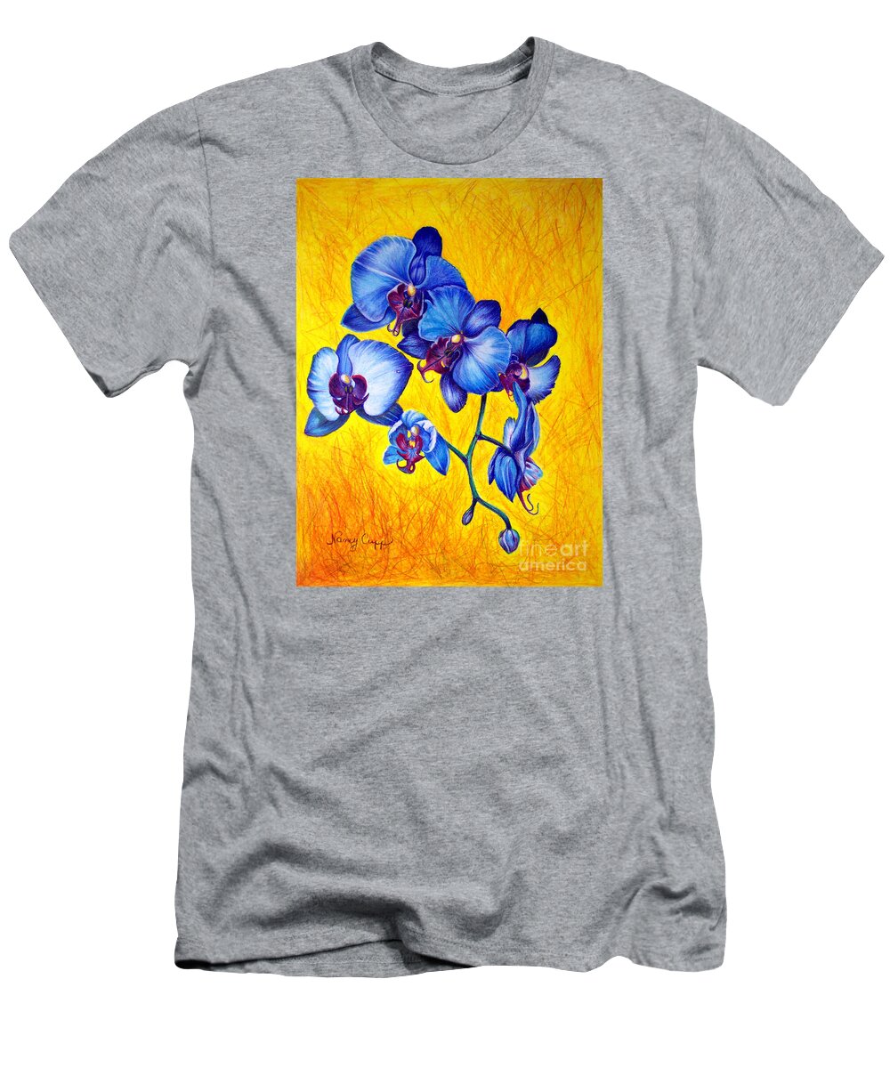 Orchid Flower T-Shirt featuring the painting Blue Orchids 1 by Nancy Cupp