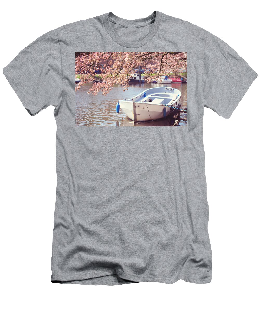Spring T-Shirt featuring the photograph Boat Under Blooming Cherry Tree. Pink Spring in Amsterdam. by Jenny Rainbow