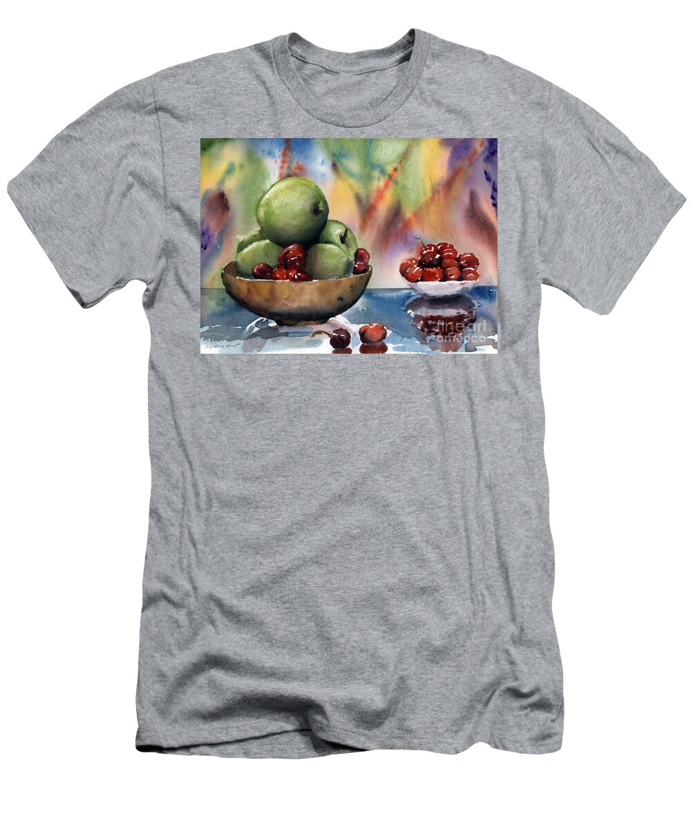 Apples And Cherries T-Shirt featuring the painting Apples in a Wooden Bowl With Cherries on the Side by Maria Hunt