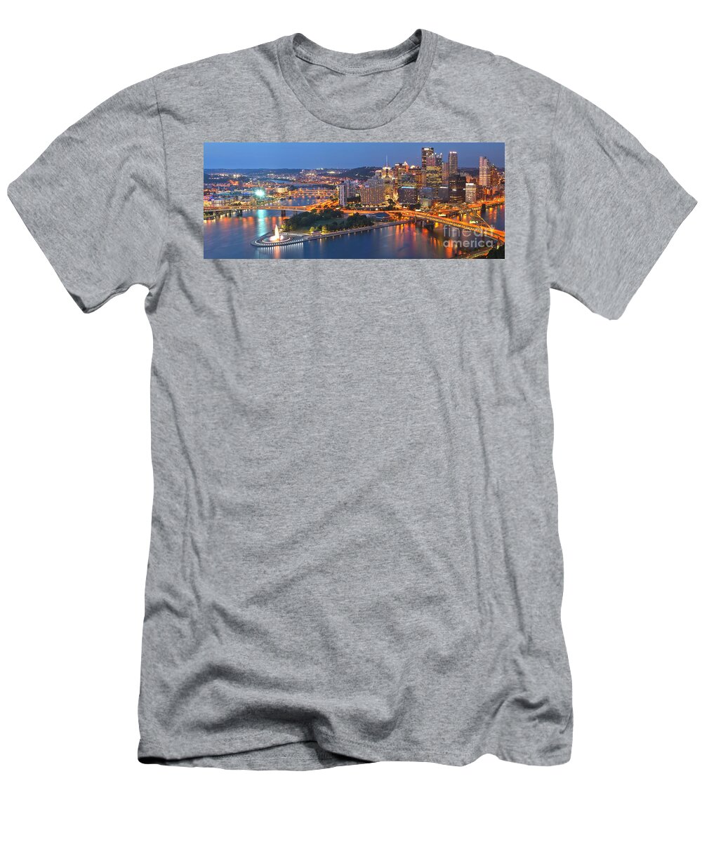 Pittsburgh Skyline T-Shirt featuring the photograph Bridge To The Pittsburgh Skyline by Adam Jewell