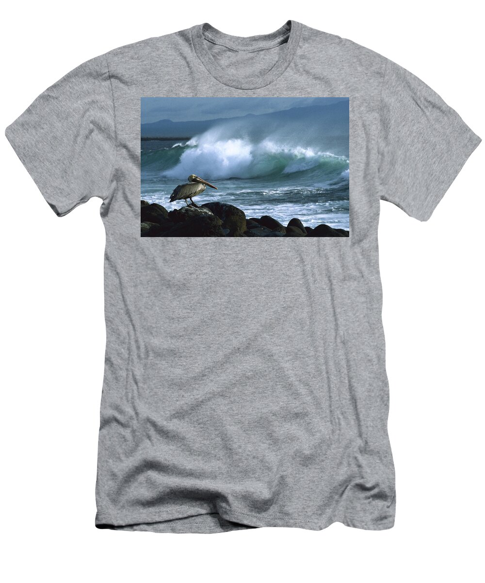 Feb0514 T-Shirt featuring the photograph Brown Pelican And Waves Galapagos by Konrad Wothe