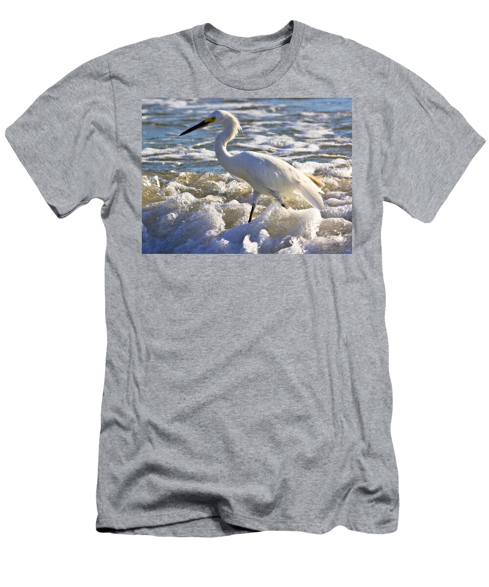 Beach T-Shirt featuring the photograph Bubbles Around Snowy Egret by Ed Gleichman