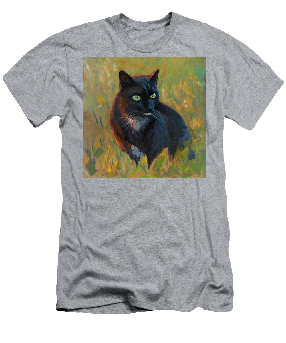 Cat Black Pet Grass Sunset Light Feline Sharp Look T-Shirt featuring the painting Bubu in the sunset by Marco Busoni