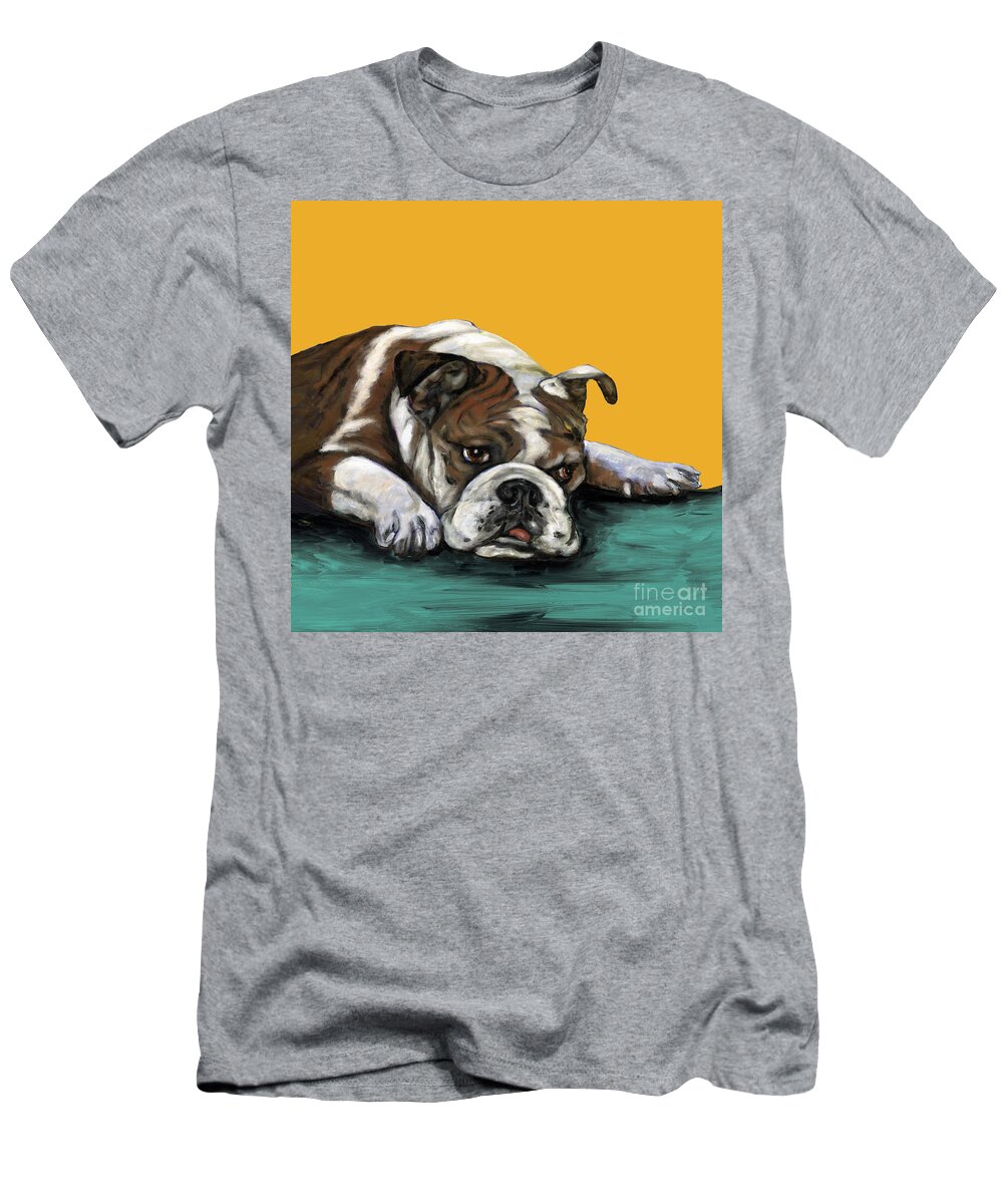 Bull Dog T-Shirt featuring the painting Bulldog On Yellow by Dale Moses