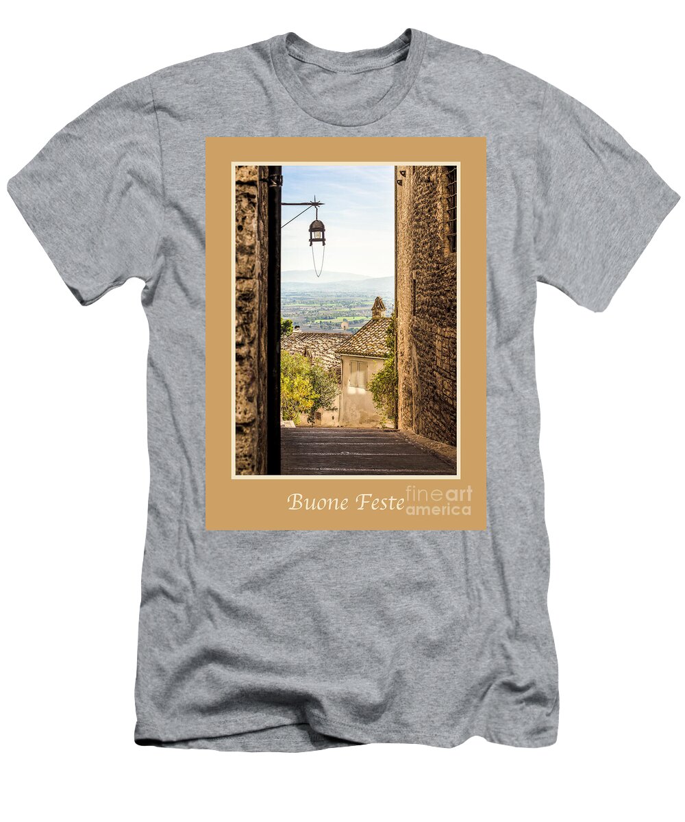 Italian T-Shirt featuring the photograph Buone Feste with Valley Outside of Assisi by Prints of Italy