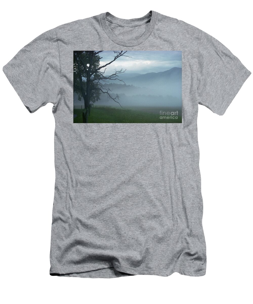 Green T-Shirt featuring the photograph Cades Cove Fog Sunrise by Teri Atkins Brown