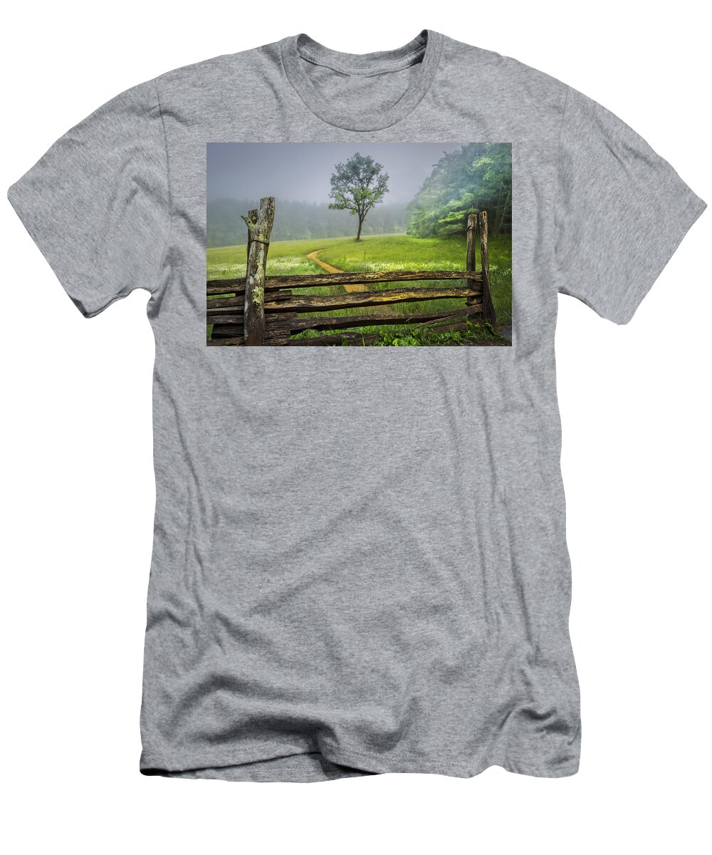 Appalachia T-Shirt featuring the photograph Cades Cove Misty Tree by Debra and Dave Vanderlaan