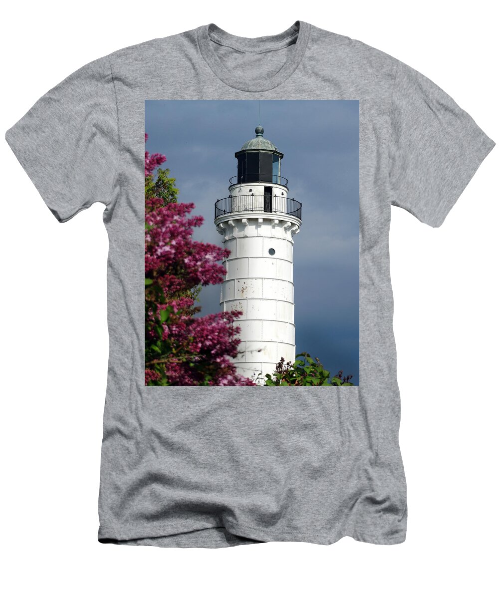 Cana Island Lighthouse T-Shirt featuring the photograph Cana Island Lighthouse and Lilacs by David T Wilkinson