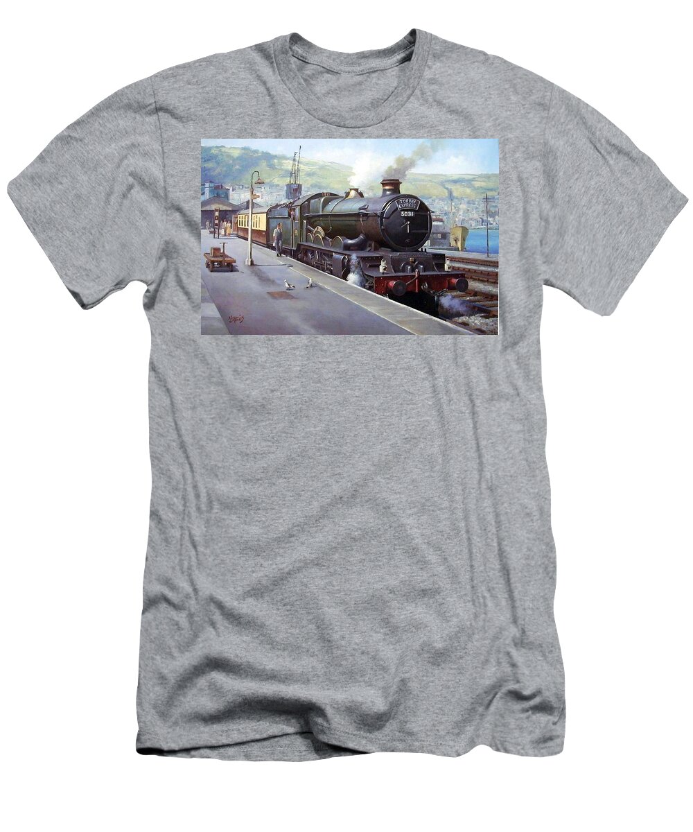 Train T-Shirt featuring the painting Castle at Kingswear 1957 by Mike Jeffries